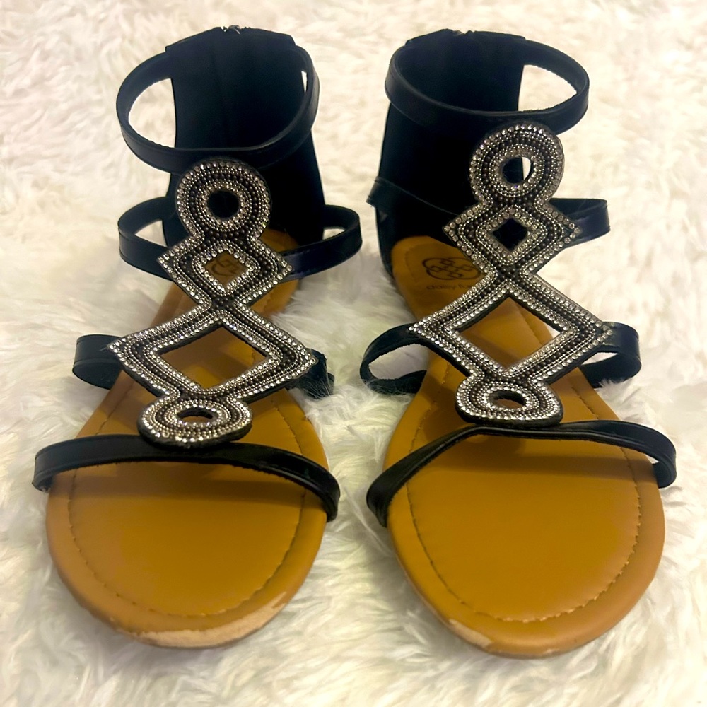 Black and Silver Women’s Glam Sandals, Size 7.5
